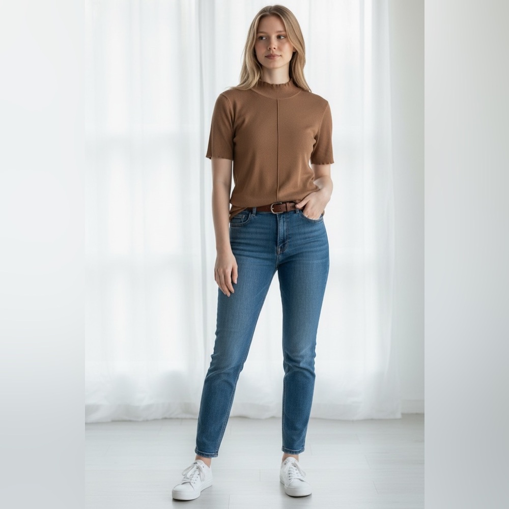 Tahari Women's Brown Ribbed
Short Sleeve Mock Neck
Sweater